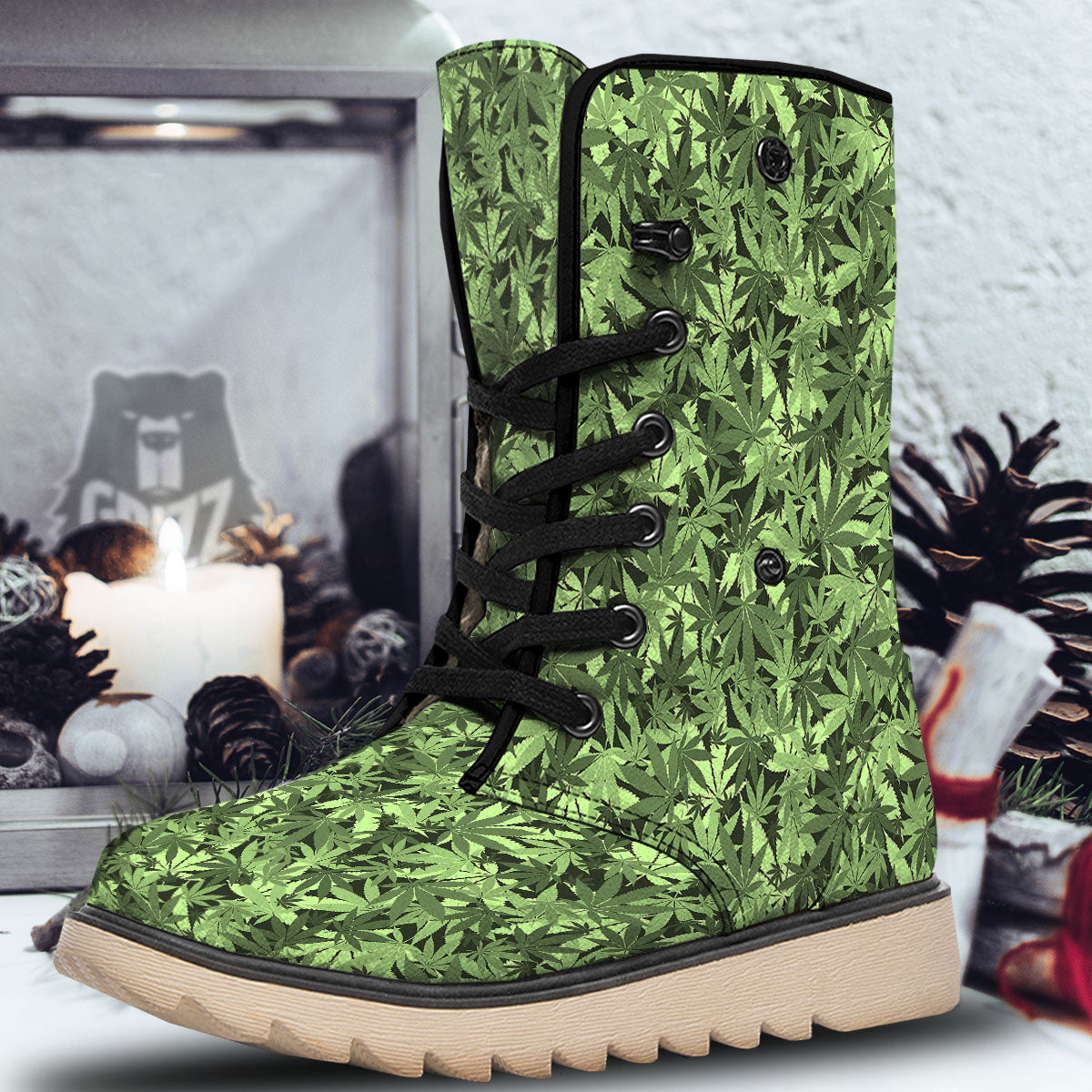 Cannabis Leaf Green Print Pattern Snow Boots-grizzshop