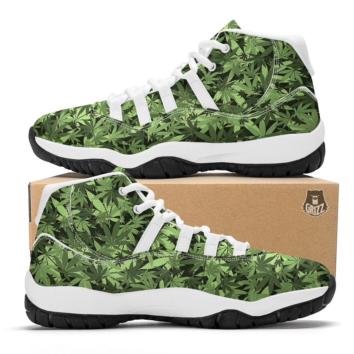 Cannabis Leaf Green Print Pattern White Bball Shoes-grizzshop