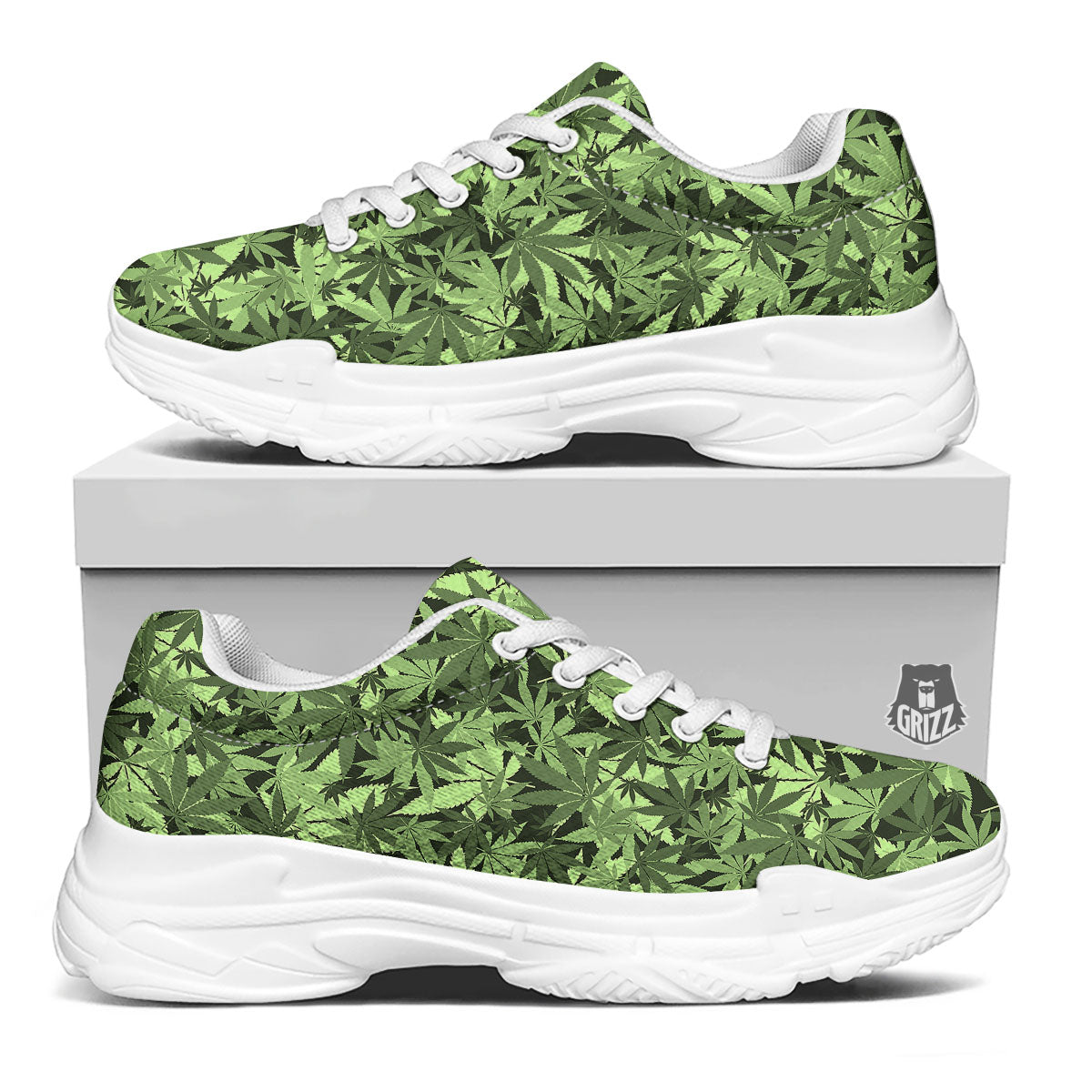 Cannabis Leaf Green Print Pattern White Chunky Shoes-grizzshop