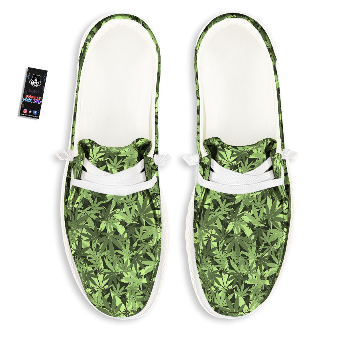 Cannabis Leaf Green Print Pattern White Loafers-grizzshop