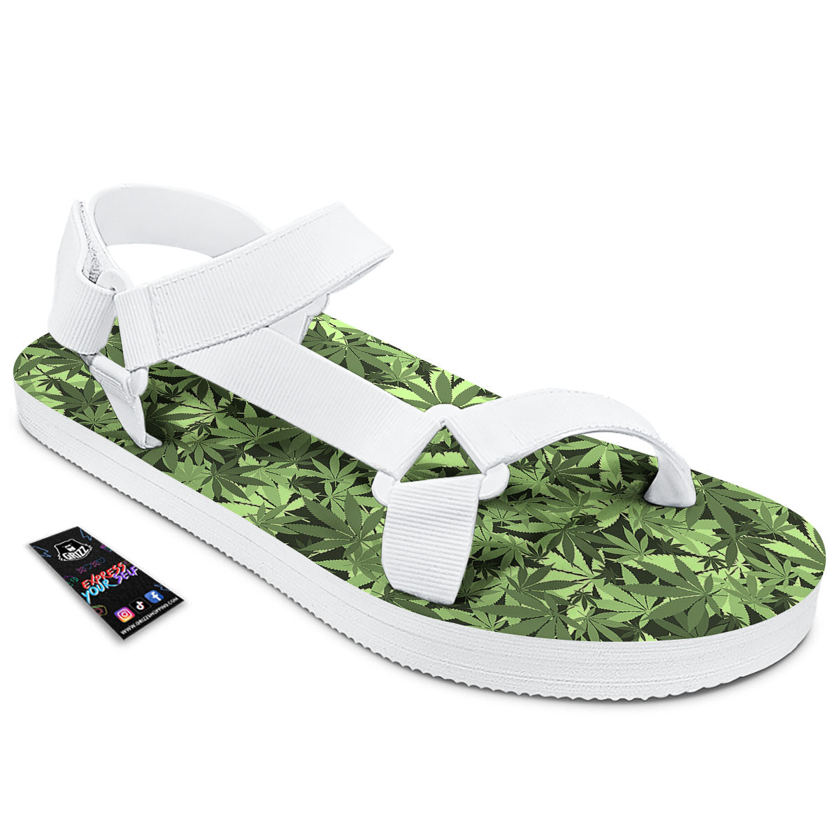 Cannabis Leaf Green Print Pattern White Open Toe Sandals-grizzshop