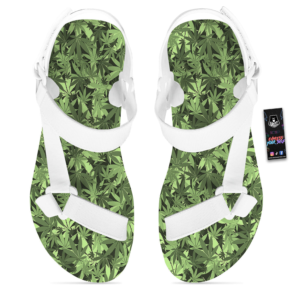 Cannabis Leaf Green Print Pattern White Open Toe Sandals-grizzshop