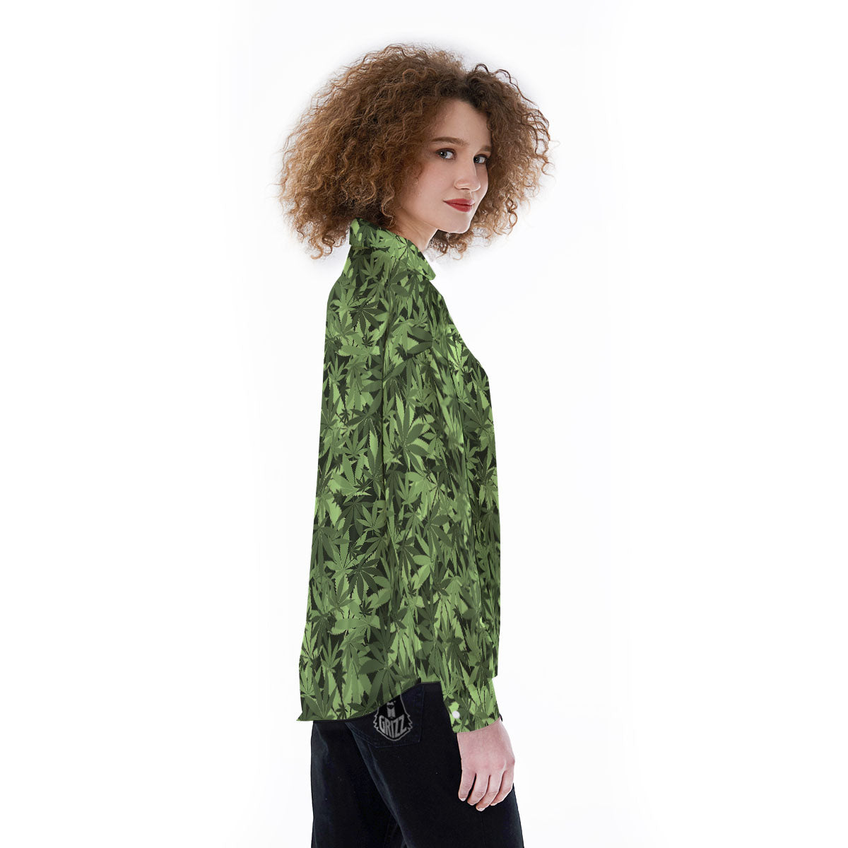 Cannabis Leaf Green Print Pattern Women's Long Sleeve Shirts-grizzshop