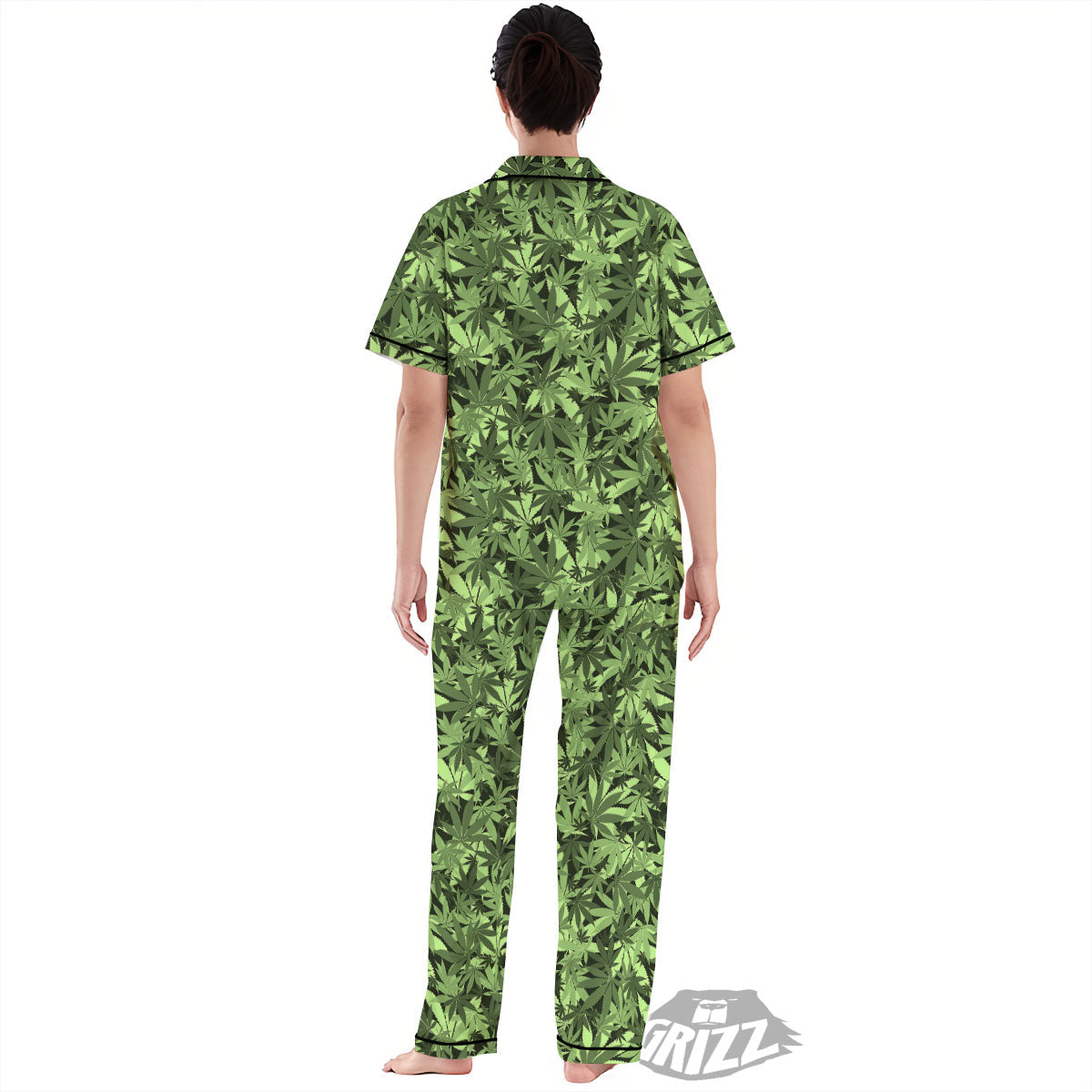 Cannabis Leaf Green Print Pattern Women's Pajamas Set-grizzshop