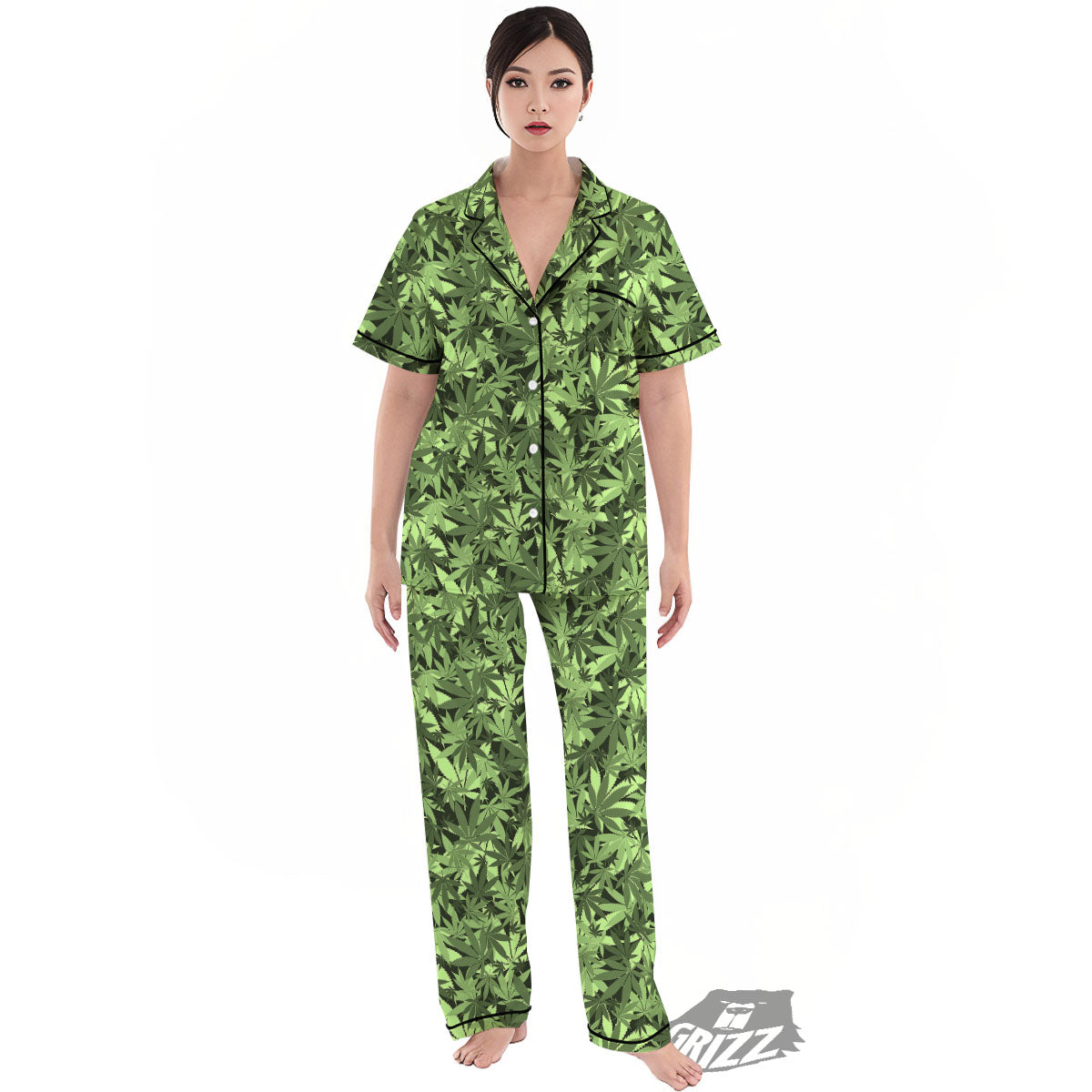 Cannabis Leaf Green Print Pattern Women's Pajamas Set-grizzshop
