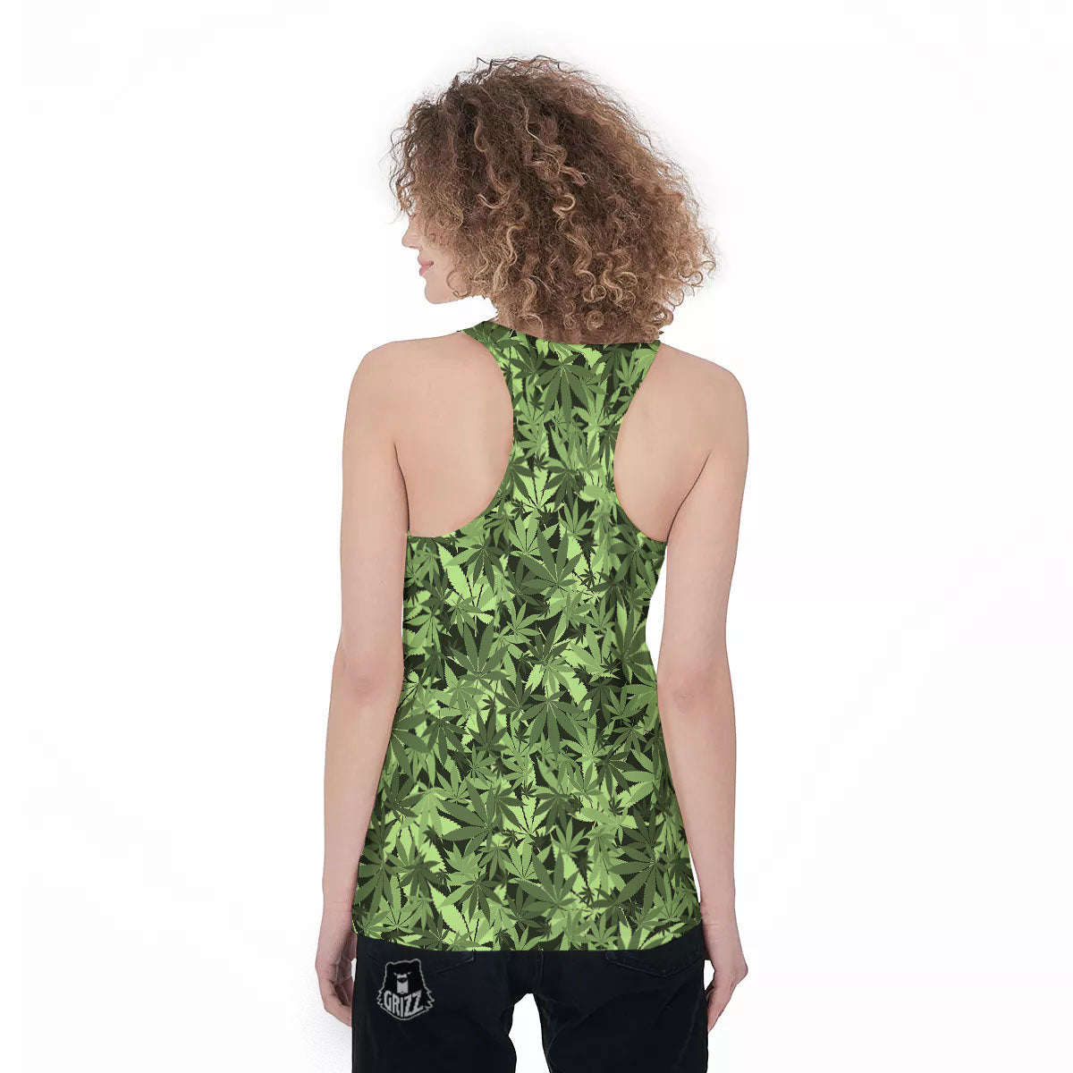 Cannabis Leaf Green Print Pattern Women's Racerback Tank Top-grizzshop