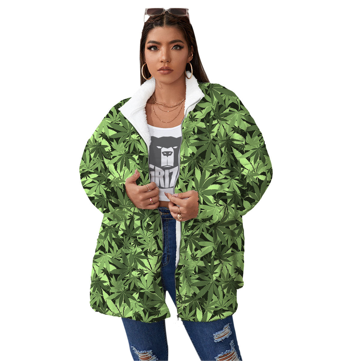 Cannabis Leaf Green Print Pattern Women's Sherpa Jacket-grizzshop