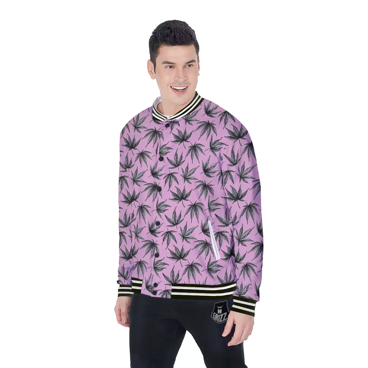 Cannabis Leaf Pink And Green Print Baseball Jacket-grizzshop