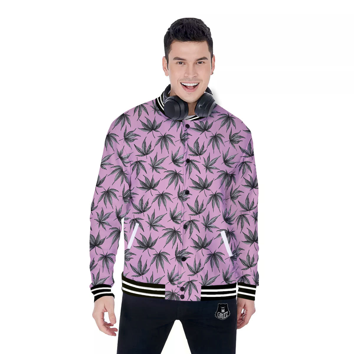 Cannabis Leaf Pink And Green Print Baseball Jacket-grizzshop