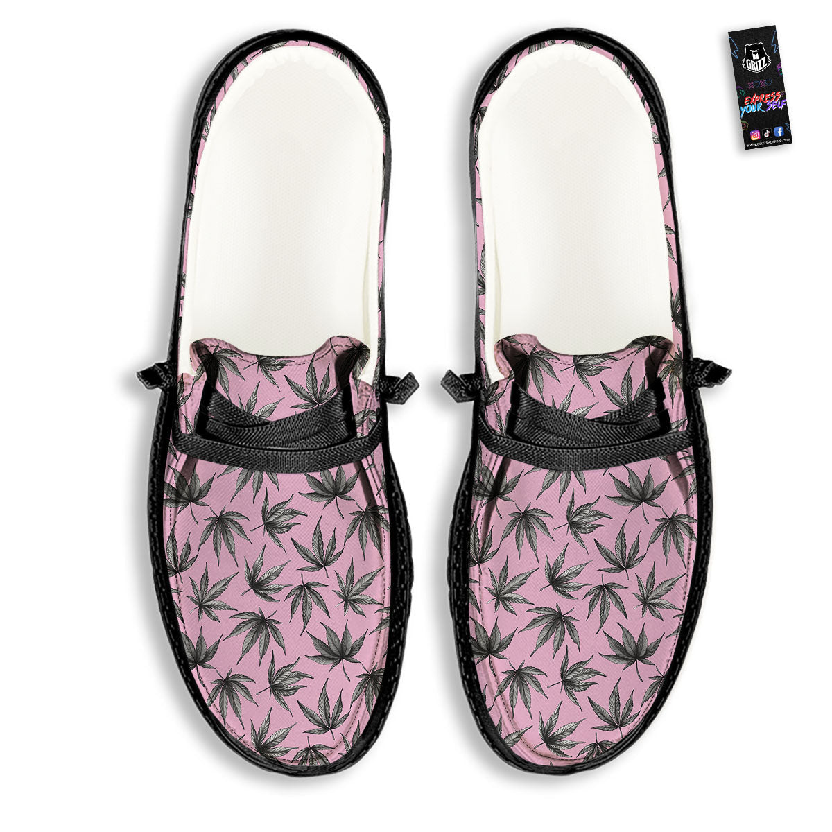 Cannabis Leaf Pink And Green Print Black Loafers-grizzshop