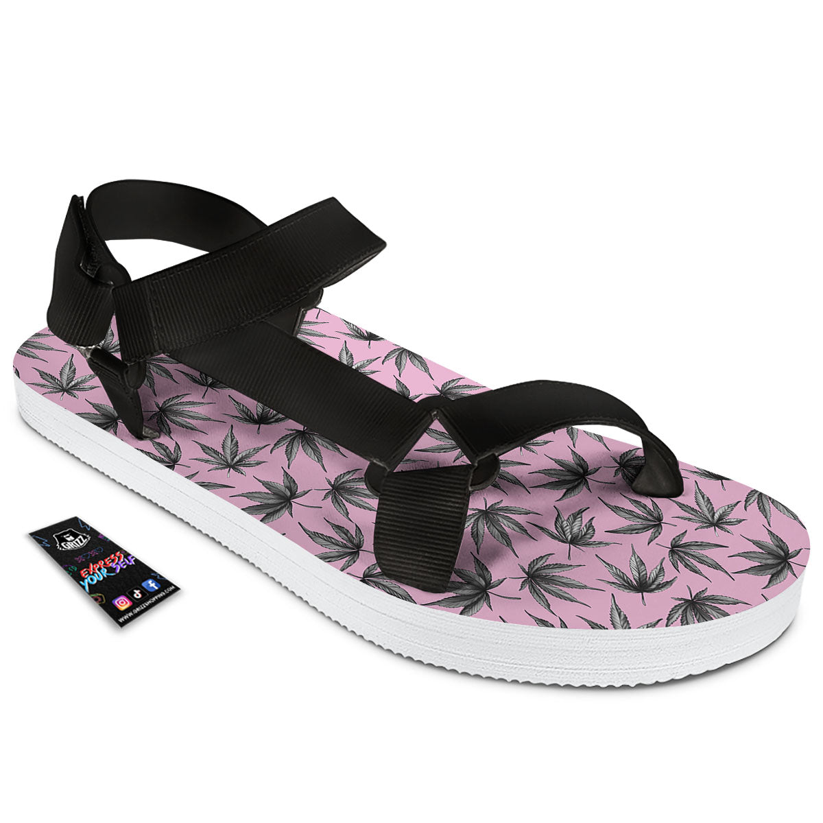 Cannabis Leaf Pink And Green Print Black Open Toe Sandals-grizzshop