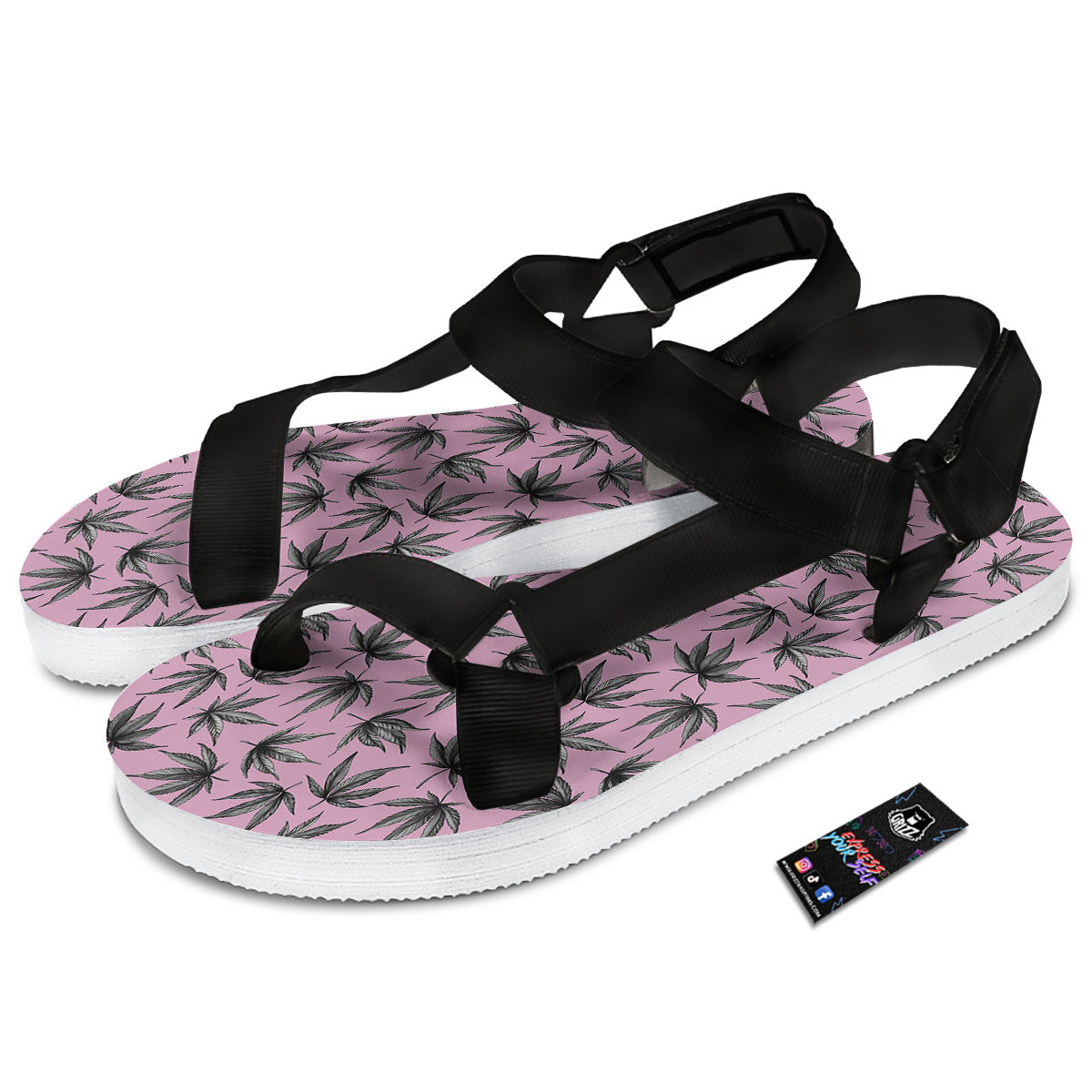 Cannabis Leaf Pink And Green Print Black Open Toe Sandals-grizzshop