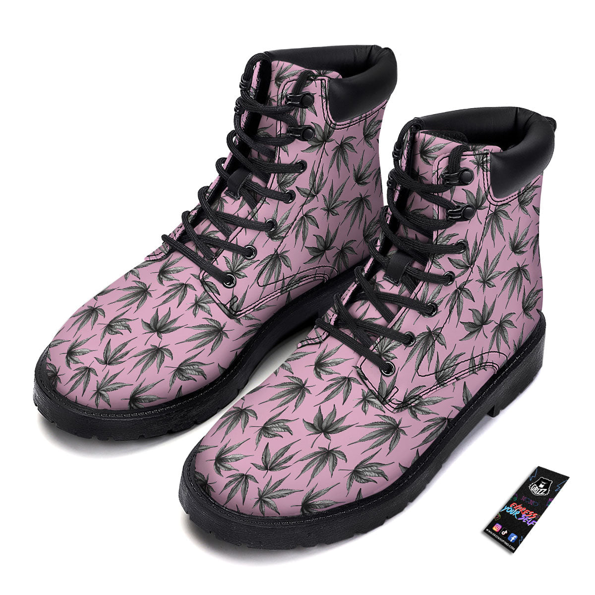 Cannabis Leaf Pink And Green Print Boots-grizzshop