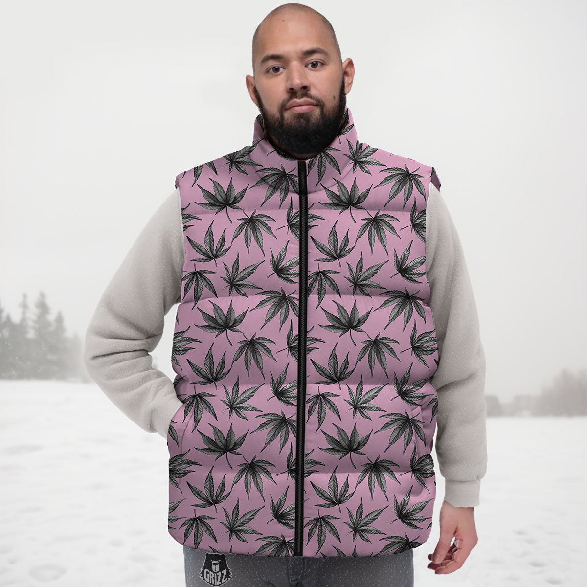 Cannabis Leaf Pink And Green Print Down Vest