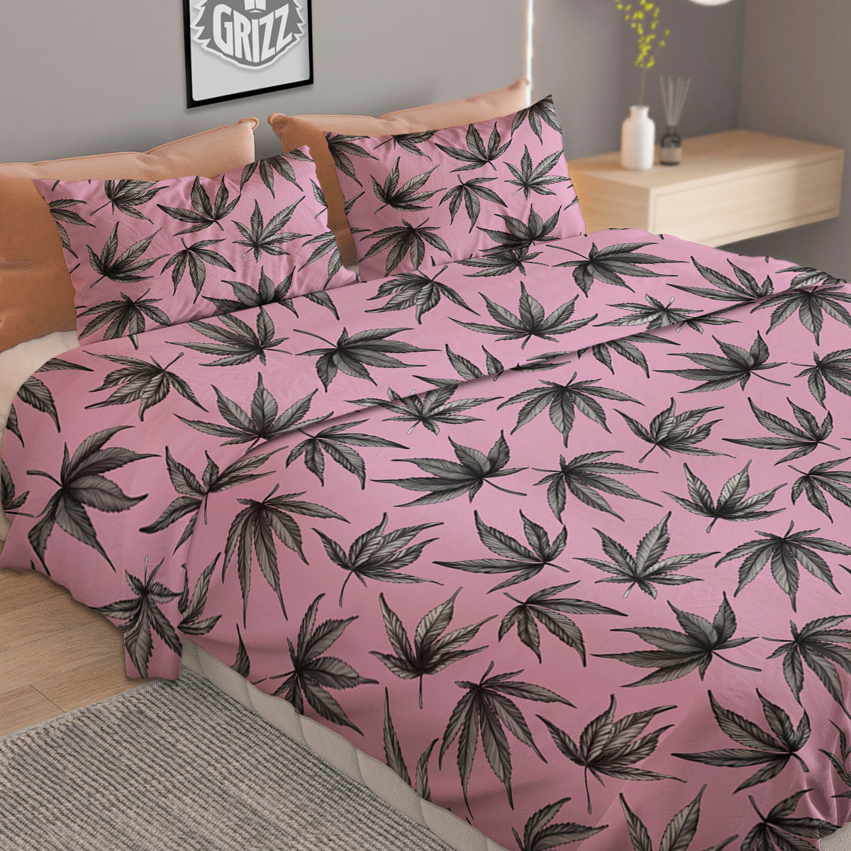 Cannabis Leaf Pink And Green Print Duvet Cover Bedding Set