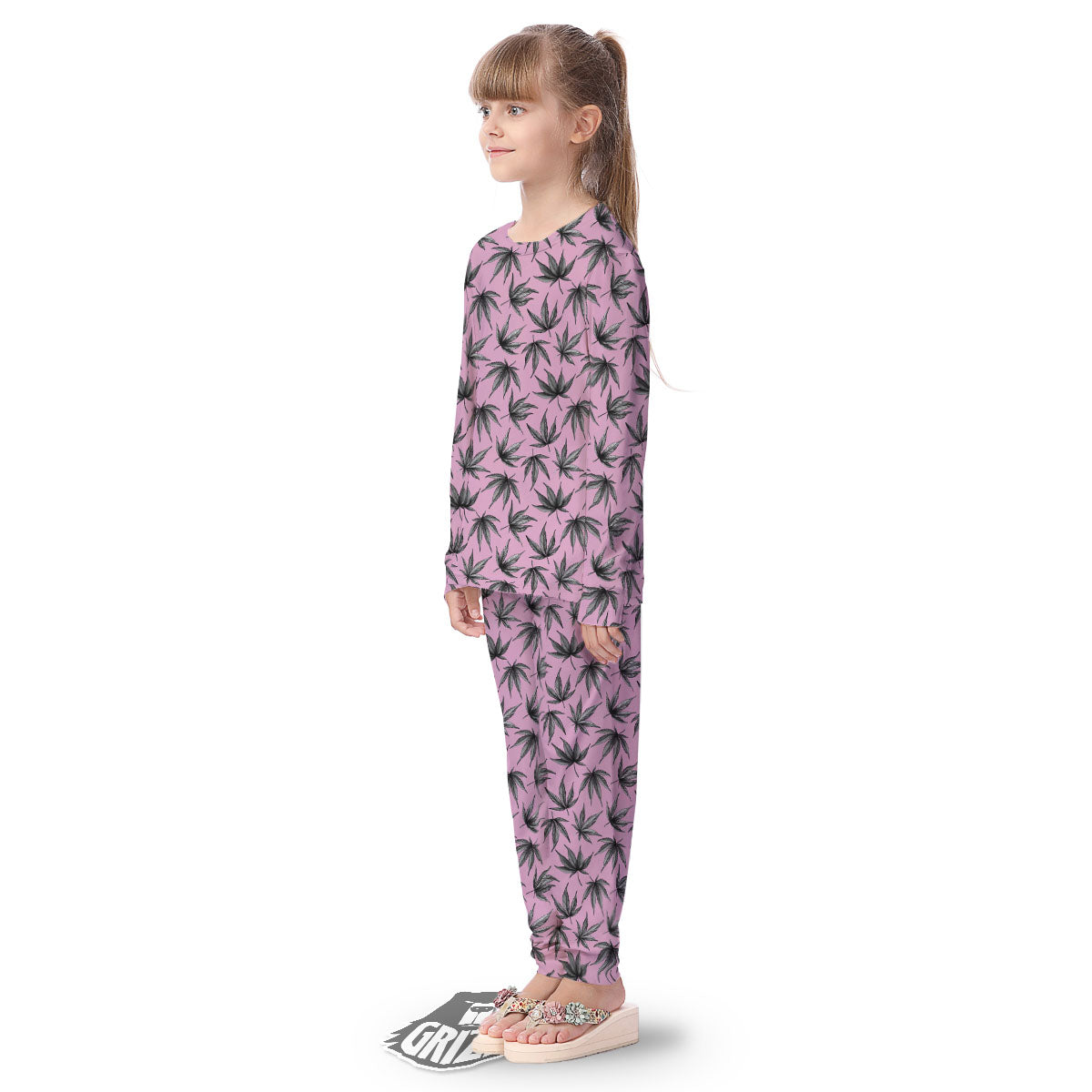 Cannabis Leaf Pink And Green Print Kid's Pajamas-grizzshop