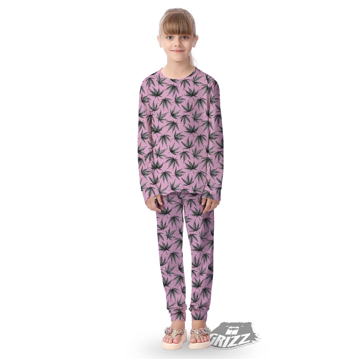 Cannabis Leaf Pink And Green Print Kid's Pajamas-grizzshop