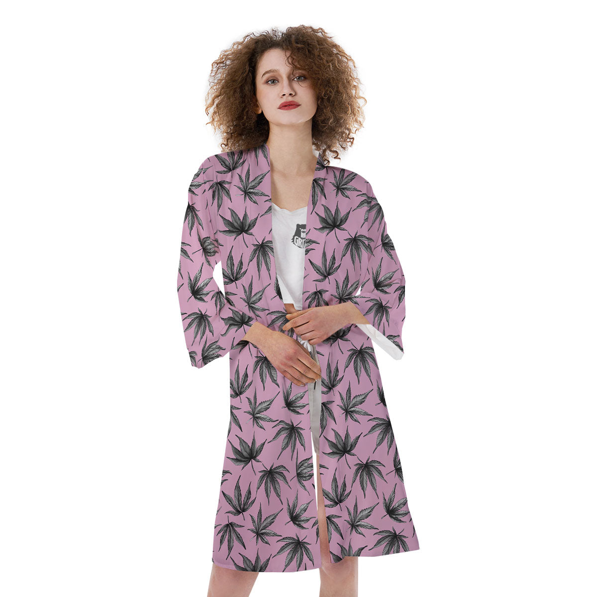 Cannabis Leaf Pink And Green Print Kimono-grizzshop