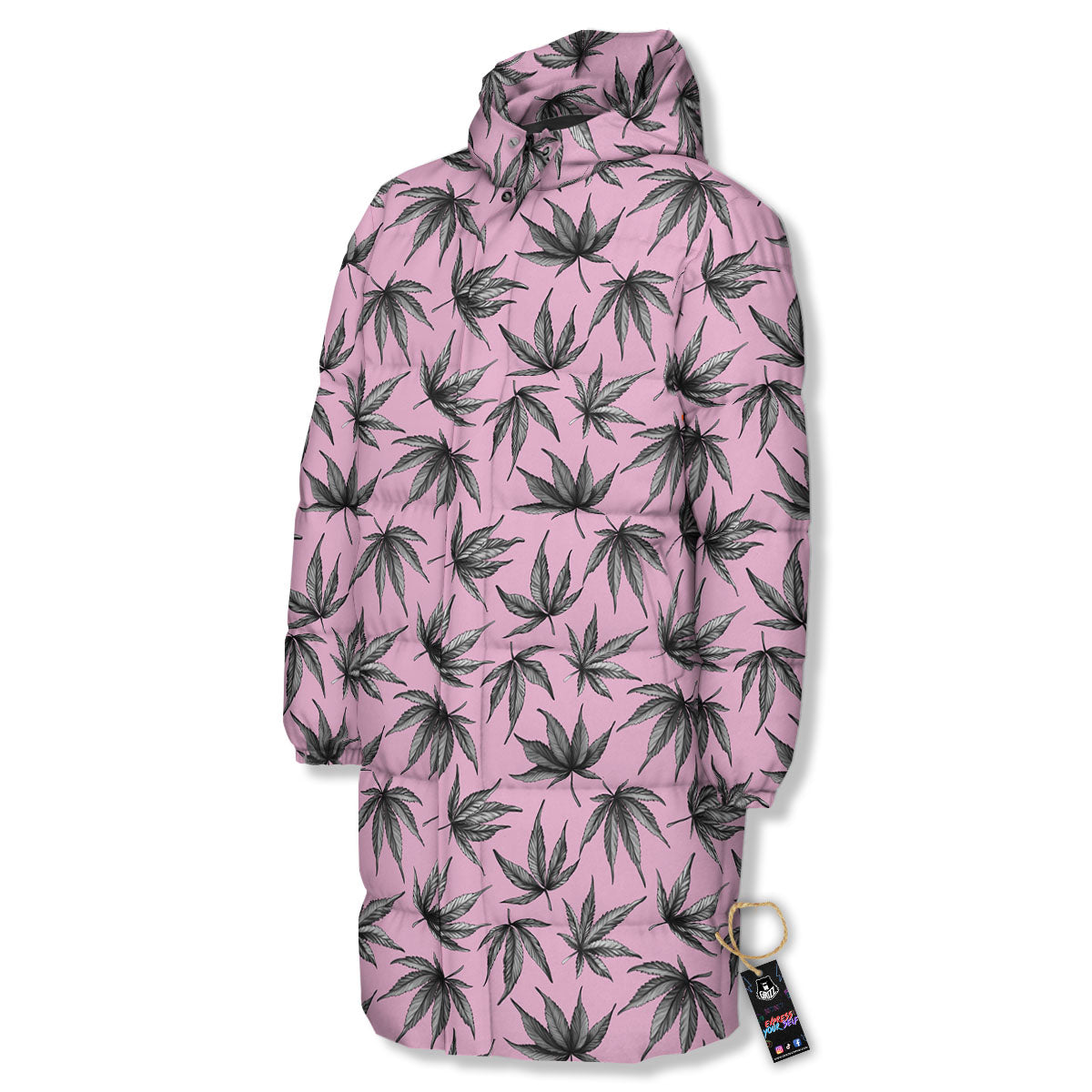 Cannabis Leaf Pink And Green Print Long Down Jacket-grizzshop