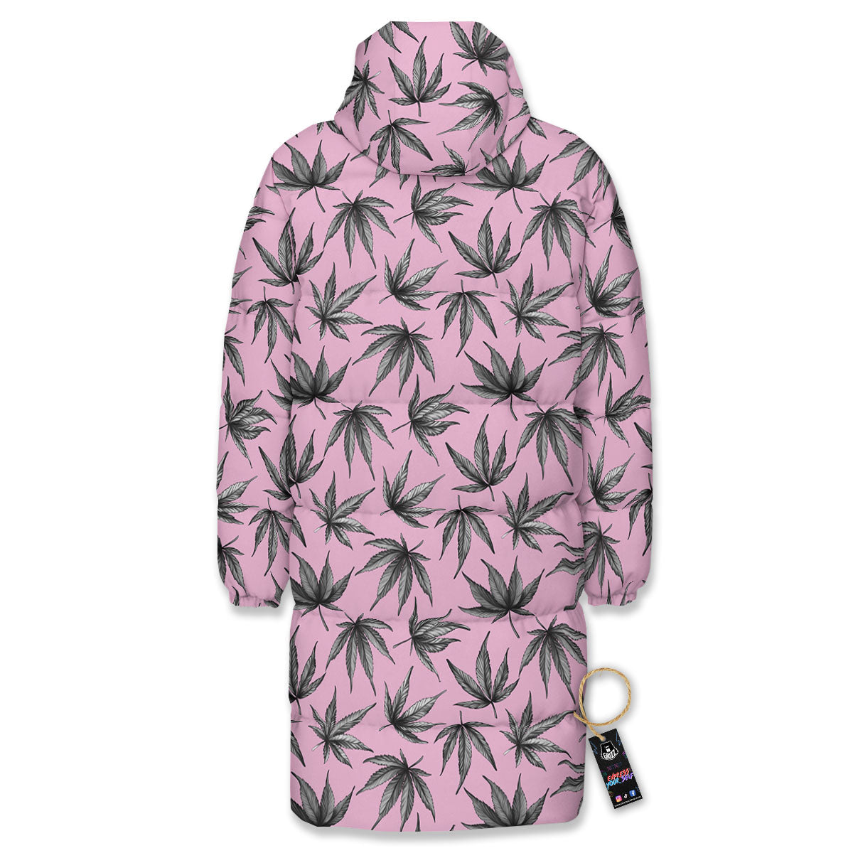 Cannabis Leaf Pink And Green Print Long Down Jacket-grizzshop