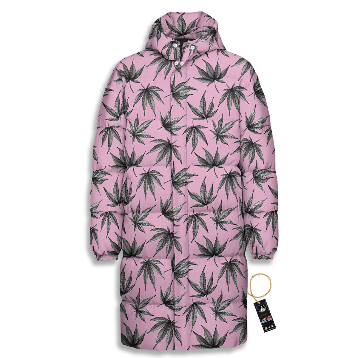 Cannabis Leaf Pink And Green Print Long Down Jacket-grizzshop