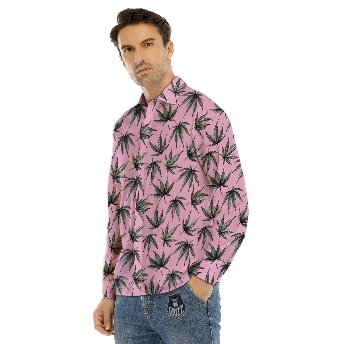 Cannabis Leaf Pink And Green Print Men's Dress Shirts-grizzshop