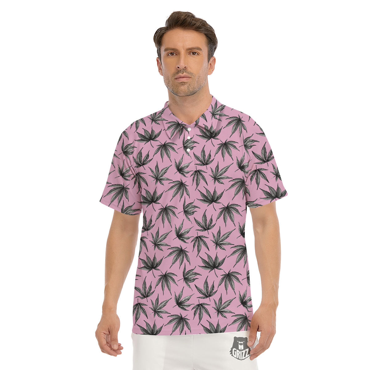 Cannabis Leaf Pink And Green Print Men's Golf Shirts-grizzshop