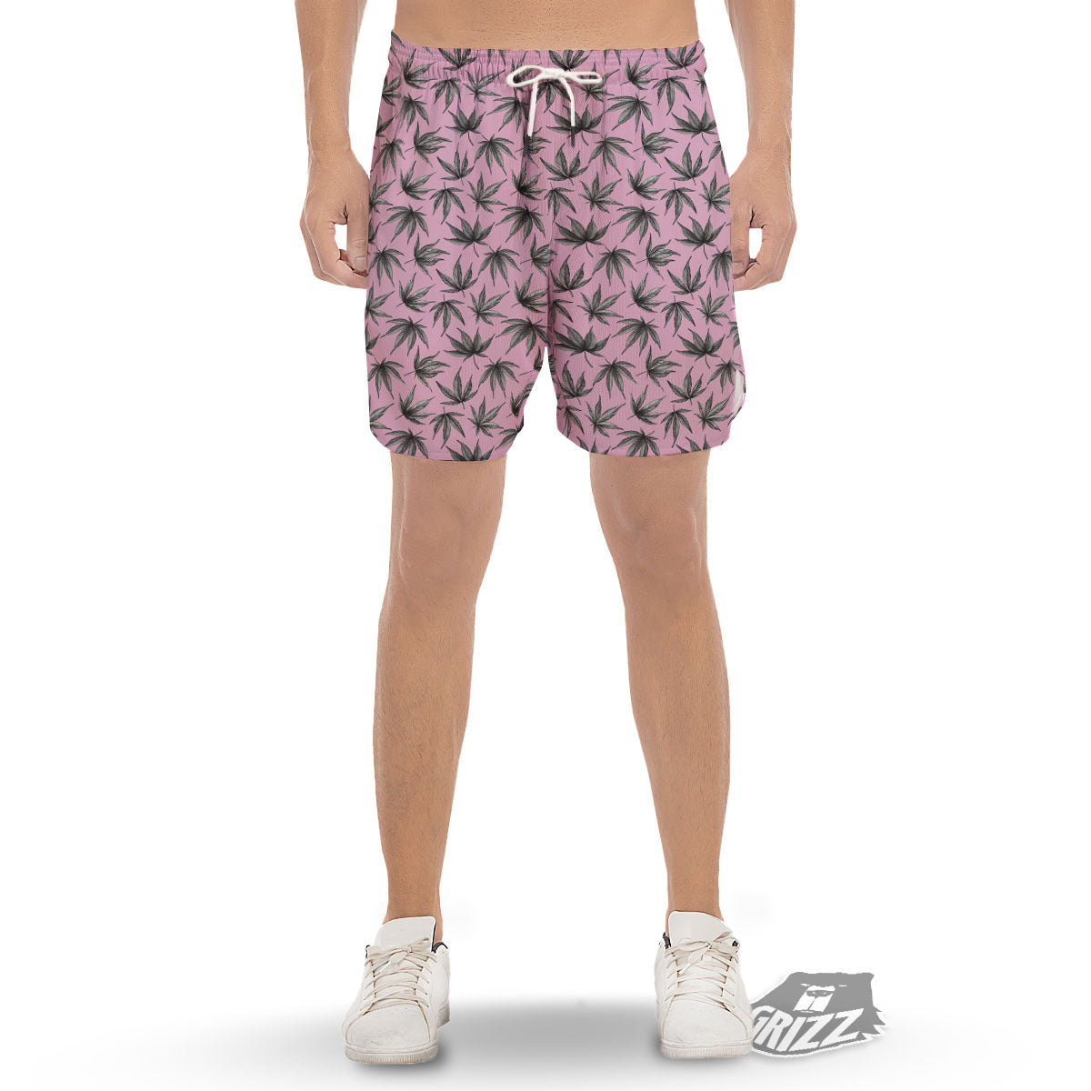 Cannabis Leaf Pink And Green Print Men's Gym Shorts-grizzshop