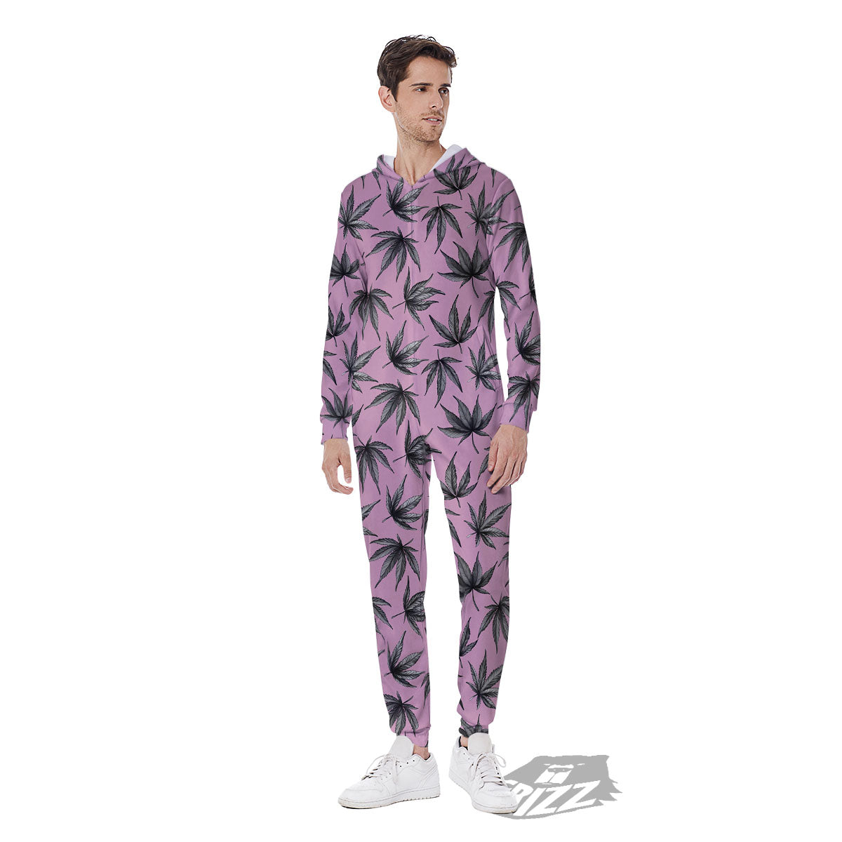 Cannabis Leaf Pink And Green Print Men's Jumpsuit-grizzshop
