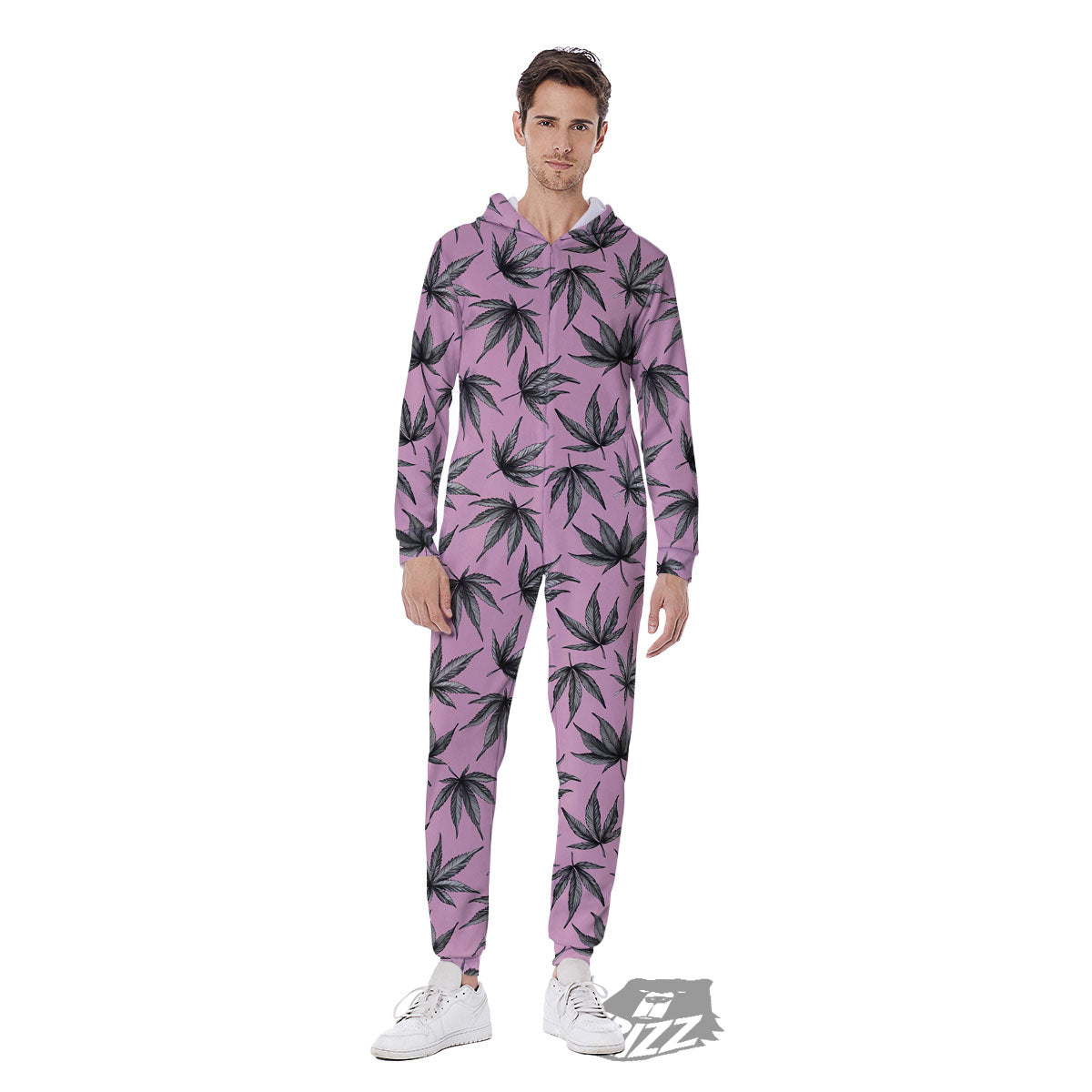 Cannabis Leaf Pink And Green Print Men's Jumpsuit-grizzshop