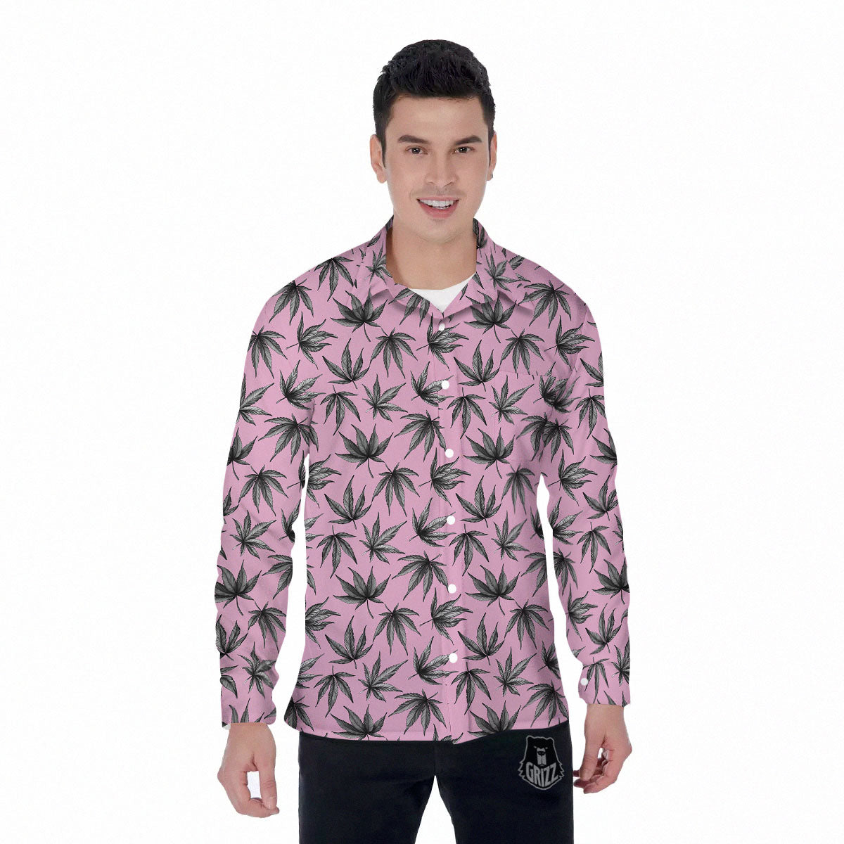 Cannabis Leaf Pink And Green Print Men's Long Sleeve Shirts-grizzshop