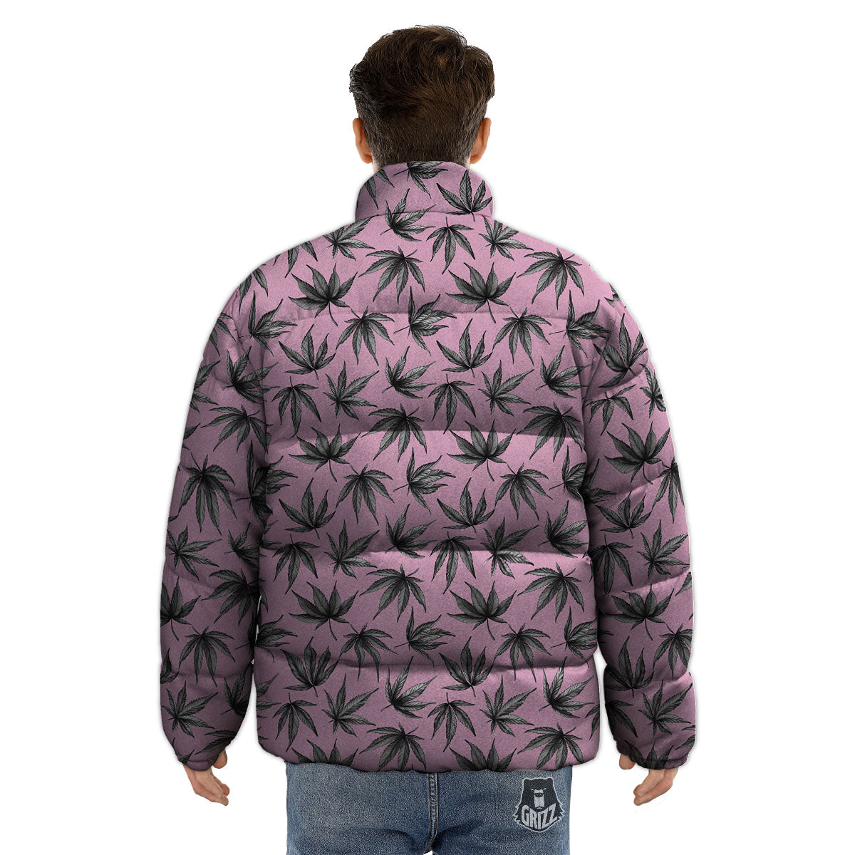 Cannabis Leaf Pink And Green Print Puffer Jacket-grizzshop