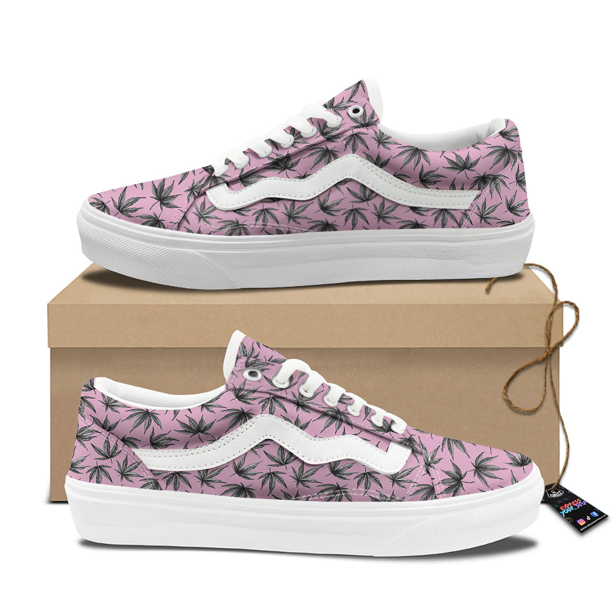 Cannabis Leaf Pink And Green Print Skate Shoes-grizzshop