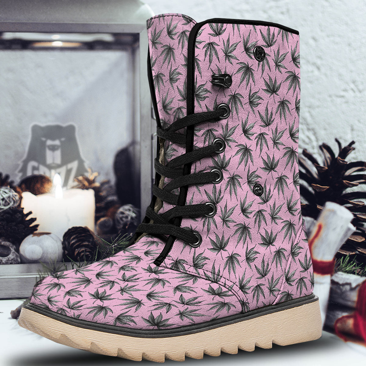 Cannabis Leaf Pink And Green Print Snow Boots-grizzshop