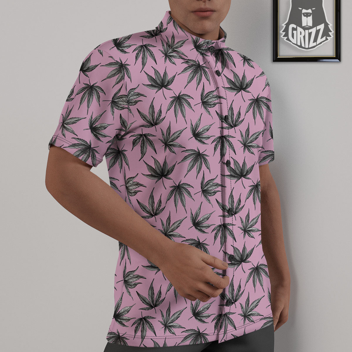 Cannabis Leaf Pink And Green Print Untucked Shirts-grizzshop