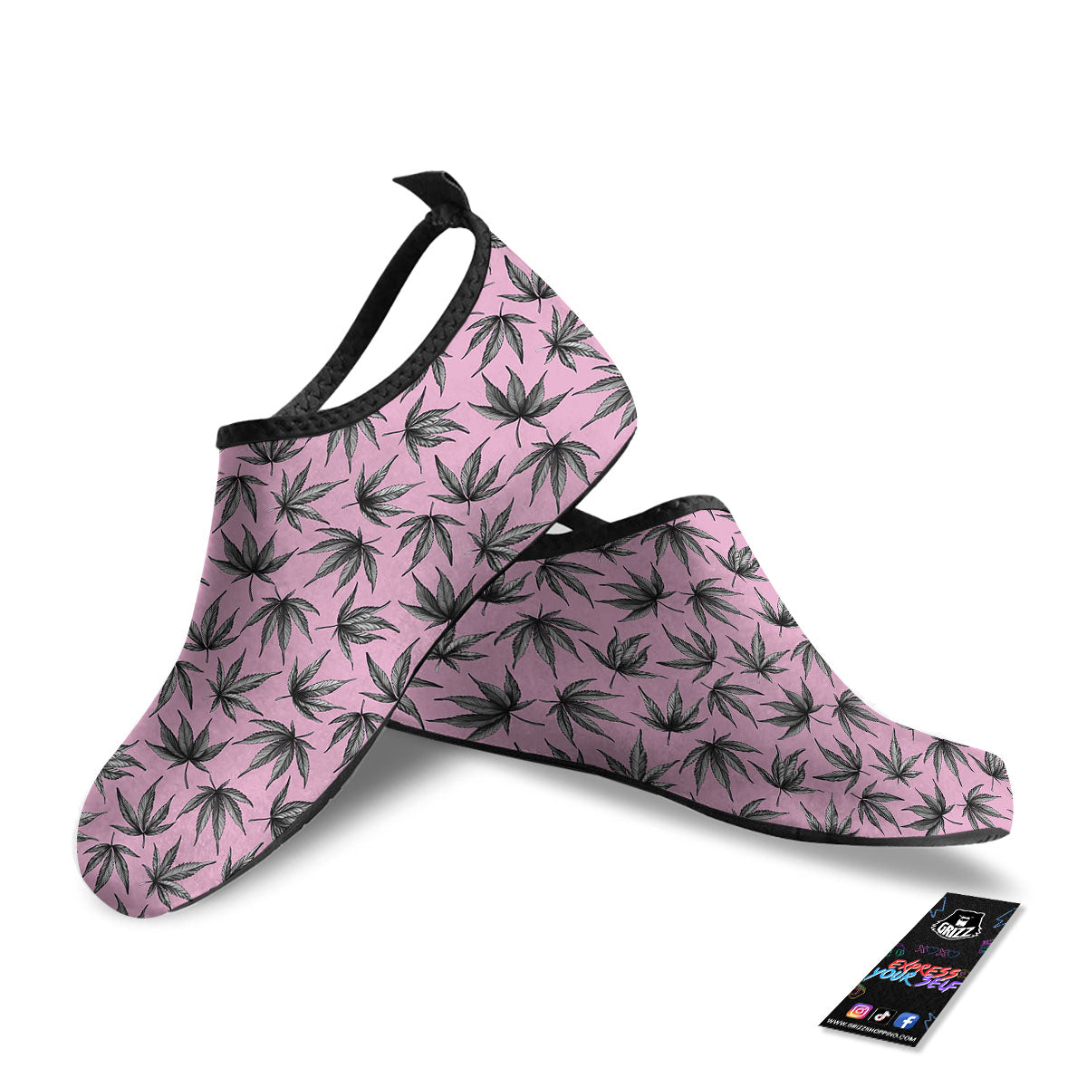 Cannabis Leaf Pink And Green Print Water Shoes-grizzshop