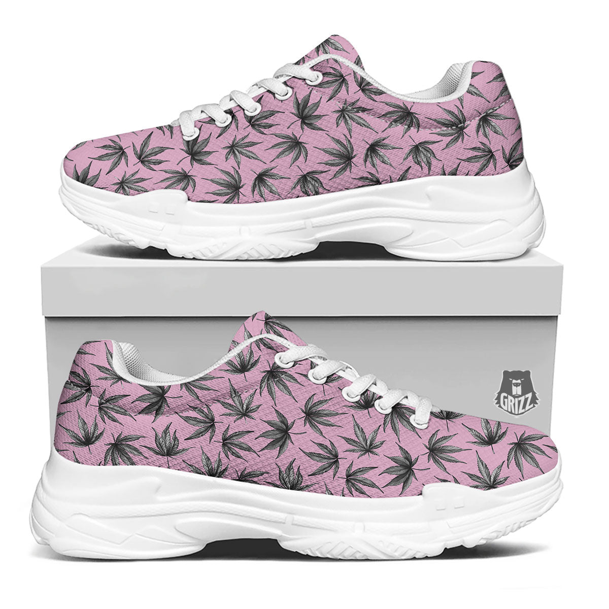 Cannabis Leaf Pink And Green Print White Chunky Shoes-grizzshop