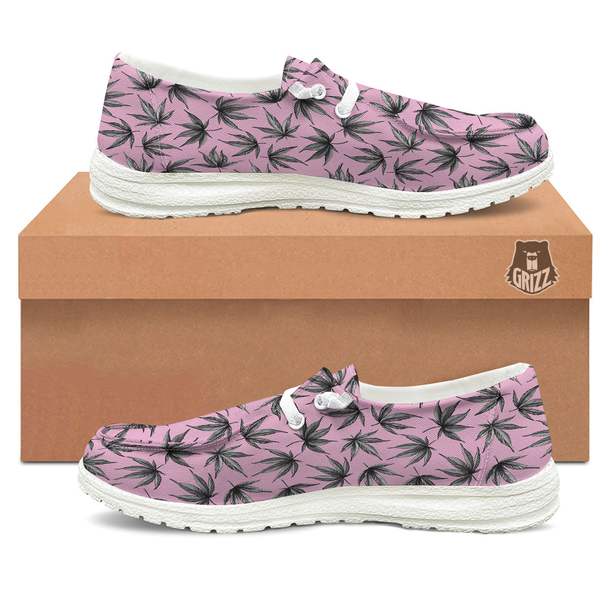Cannabis Leaf Pink And Green Print White Loafers-grizzshop