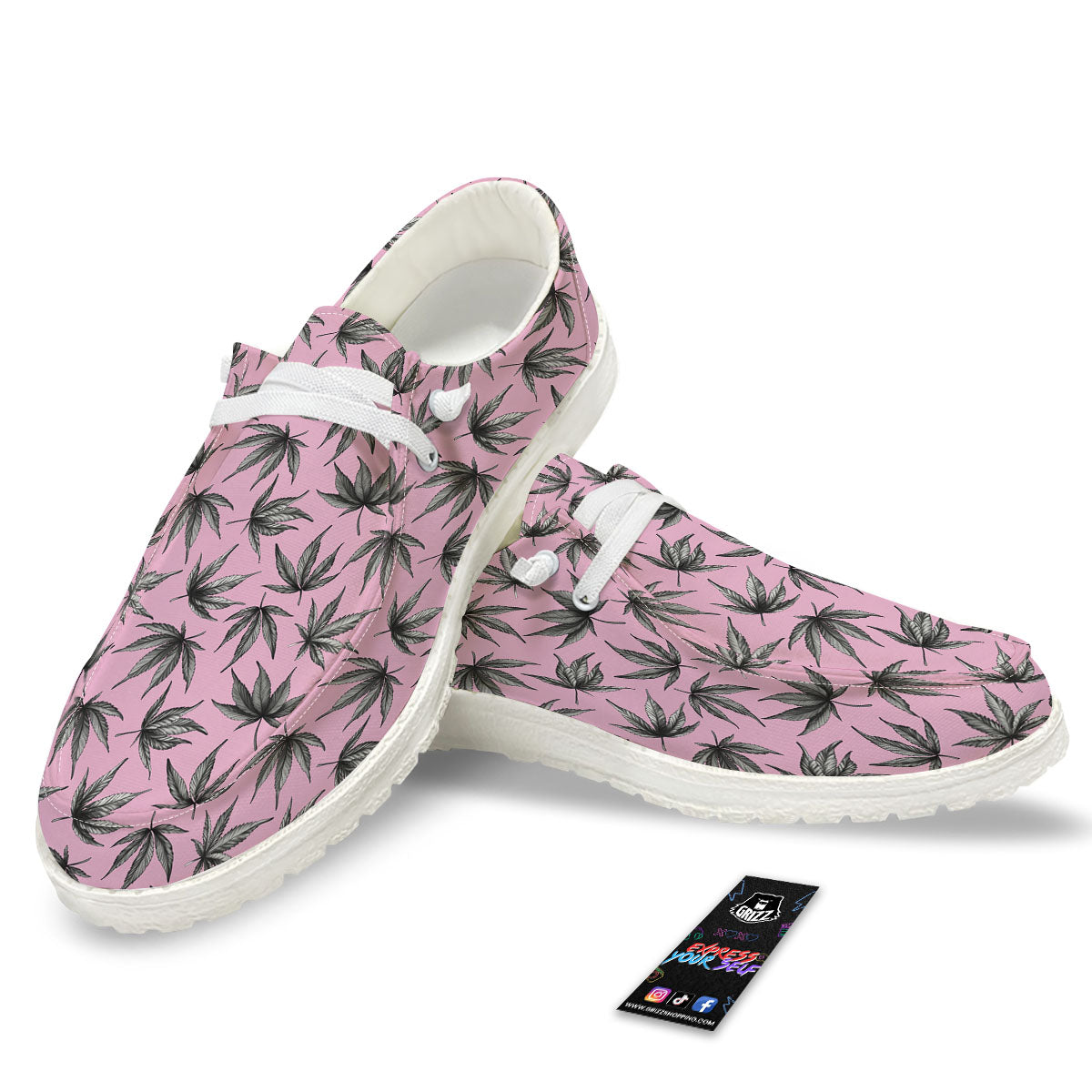 Cannabis Leaf Pink And Green Print White Loafers-grizzshop