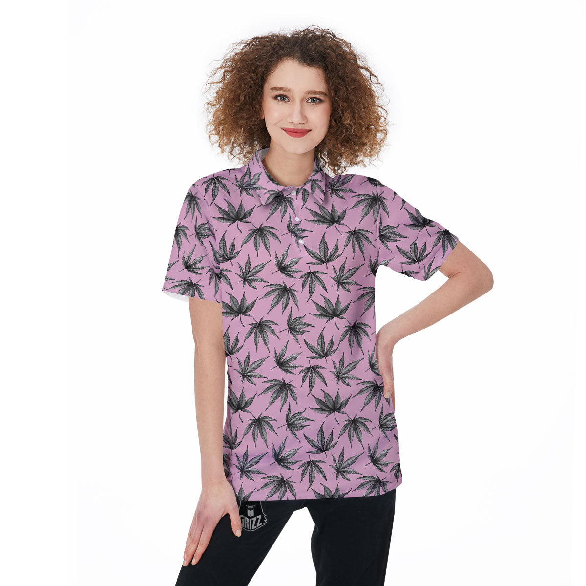 Cannabis Leaf Pink And Green Print Women's Golf Shirts-grizzshop