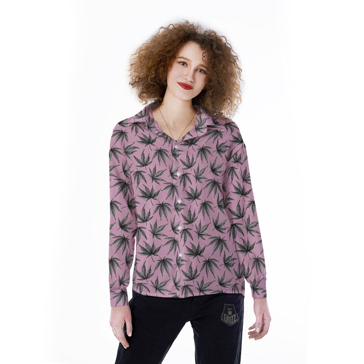 Cannabis Leaf Pink And Green Print Women's Long Sleeve Shirts-grizzshop