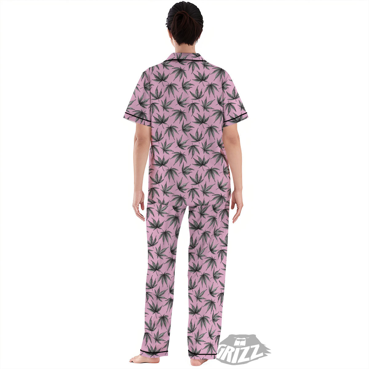 Cannabis Leaf Pink And Green Print Women's Pajamas Set-grizzshop