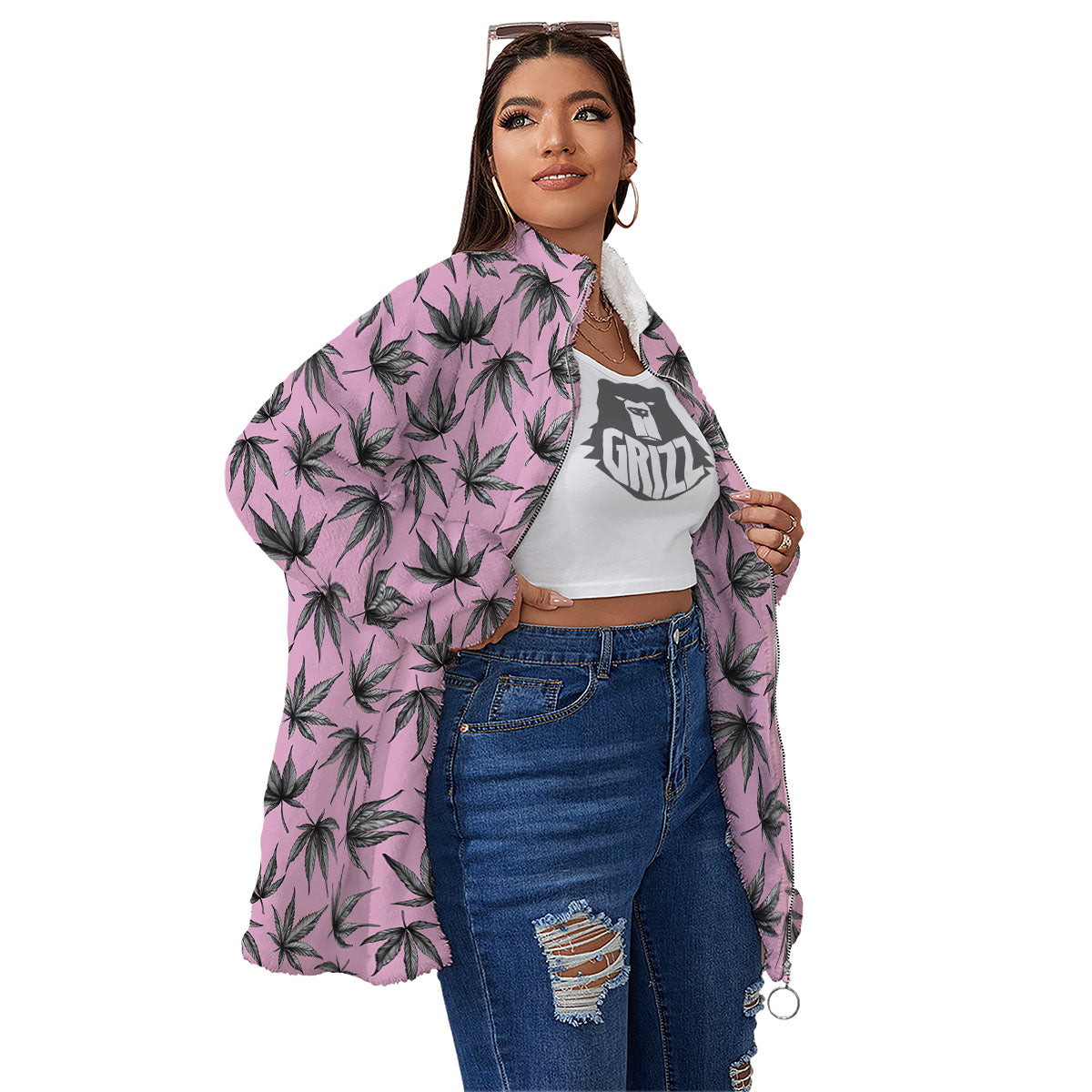 Cannabis Leaf Pink And Green Print Women's Sherpa Jacket-grizzshop