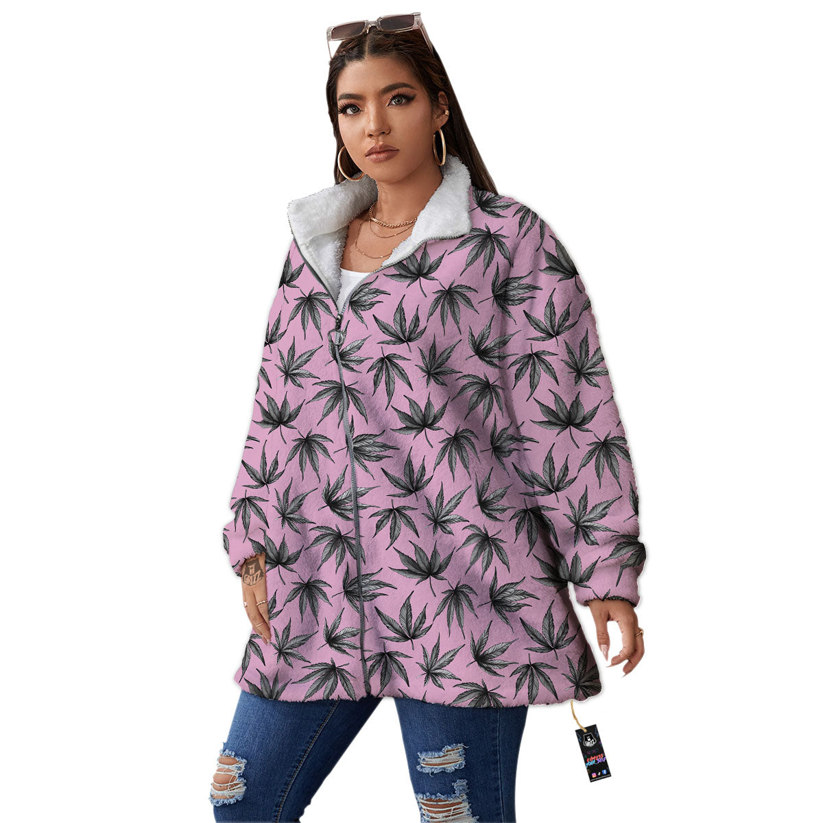 Cannabis Leaf Pink And Green Print Women's Sherpa Jacket-grizzshop