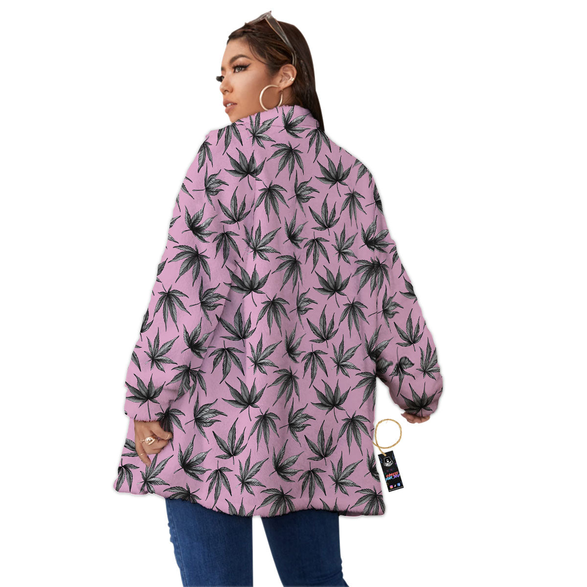 Cannabis Leaf Pink And Green Print Women's Sherpa Jacket-grizzshop