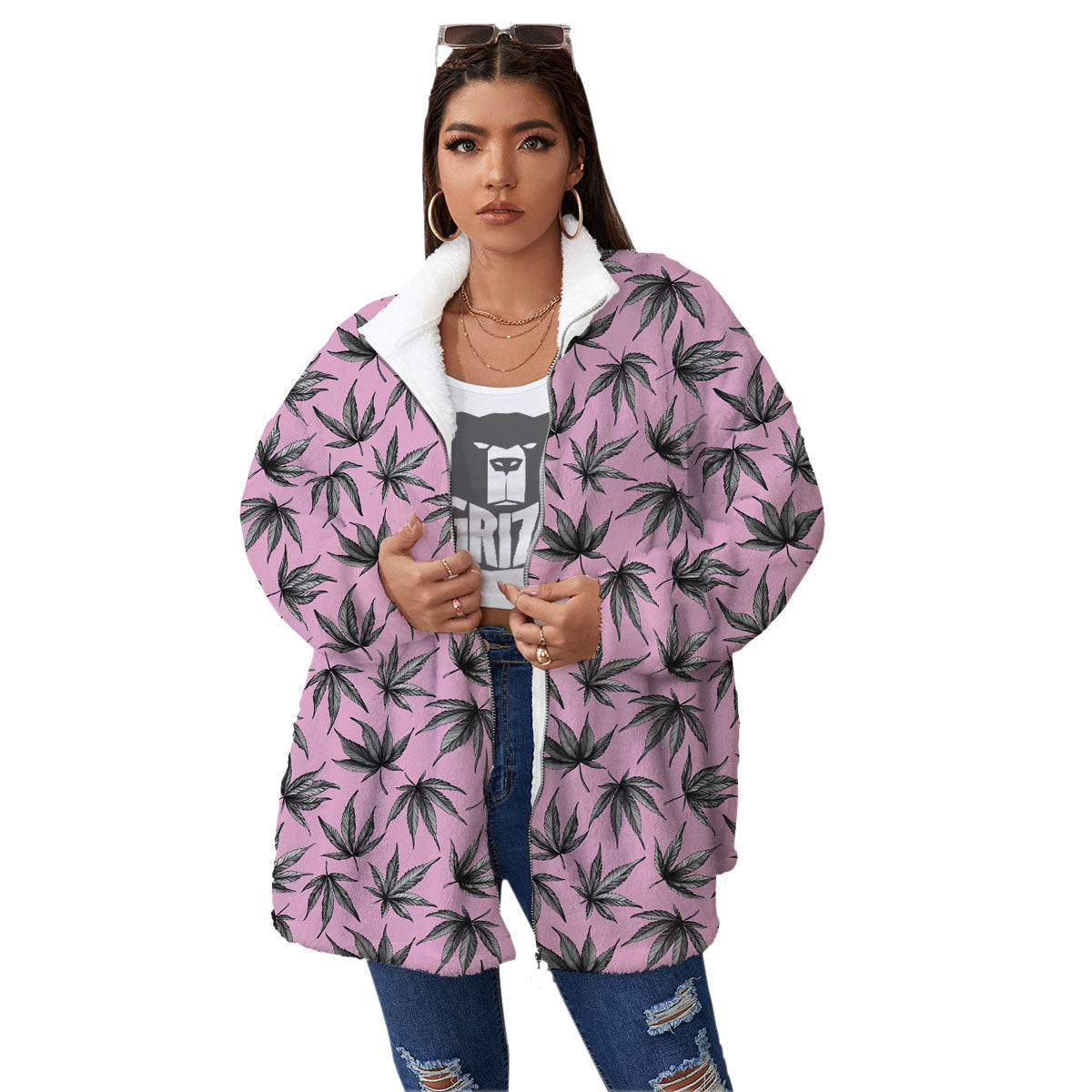 Cannabis Leaf Pink And Green Print Women's Sherpa Jacket-grizzshop