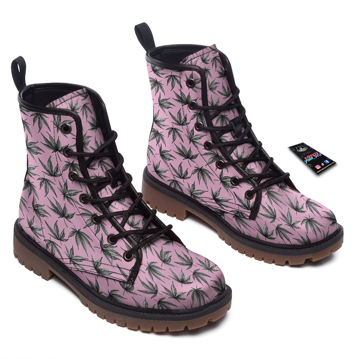 Cannabis Leaf Pink And Green Print Work Boots-grizzshop