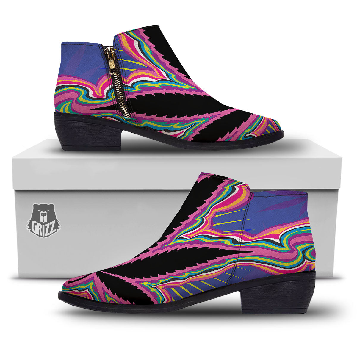 Cannabis Leaf Psychedelic Print Ankle Boots-grizzshop
