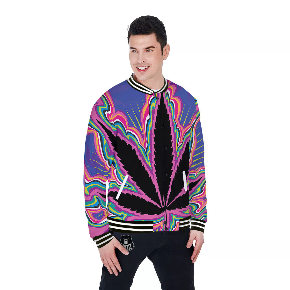 Cannabis Leaf Psychedelic Print Baseball Jacket-grizzshop
