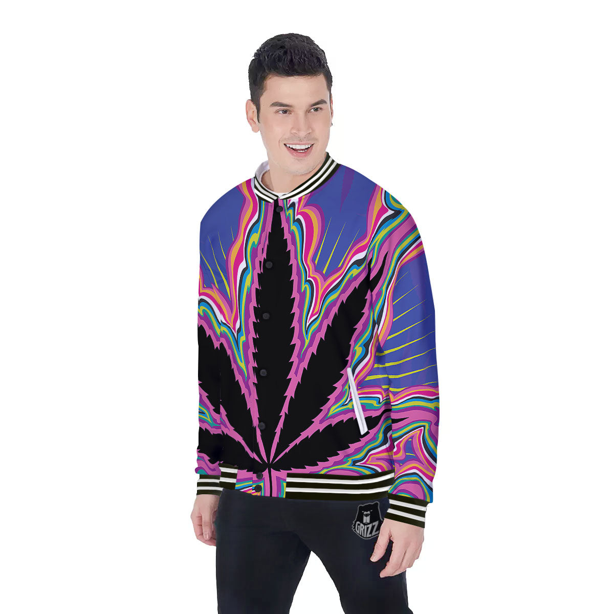 Cannabis Leaf Psychedelic Print Baseball Jacket-grizzshop